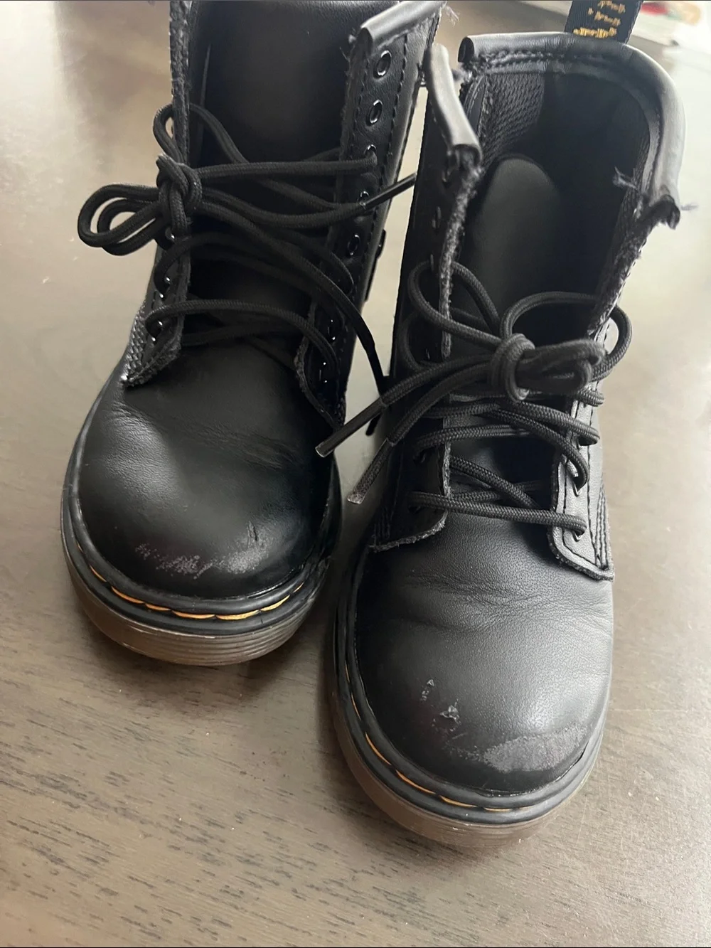 Dr. Martens Black Leather Lace-Up Ankle Boots with Yellow Stitching